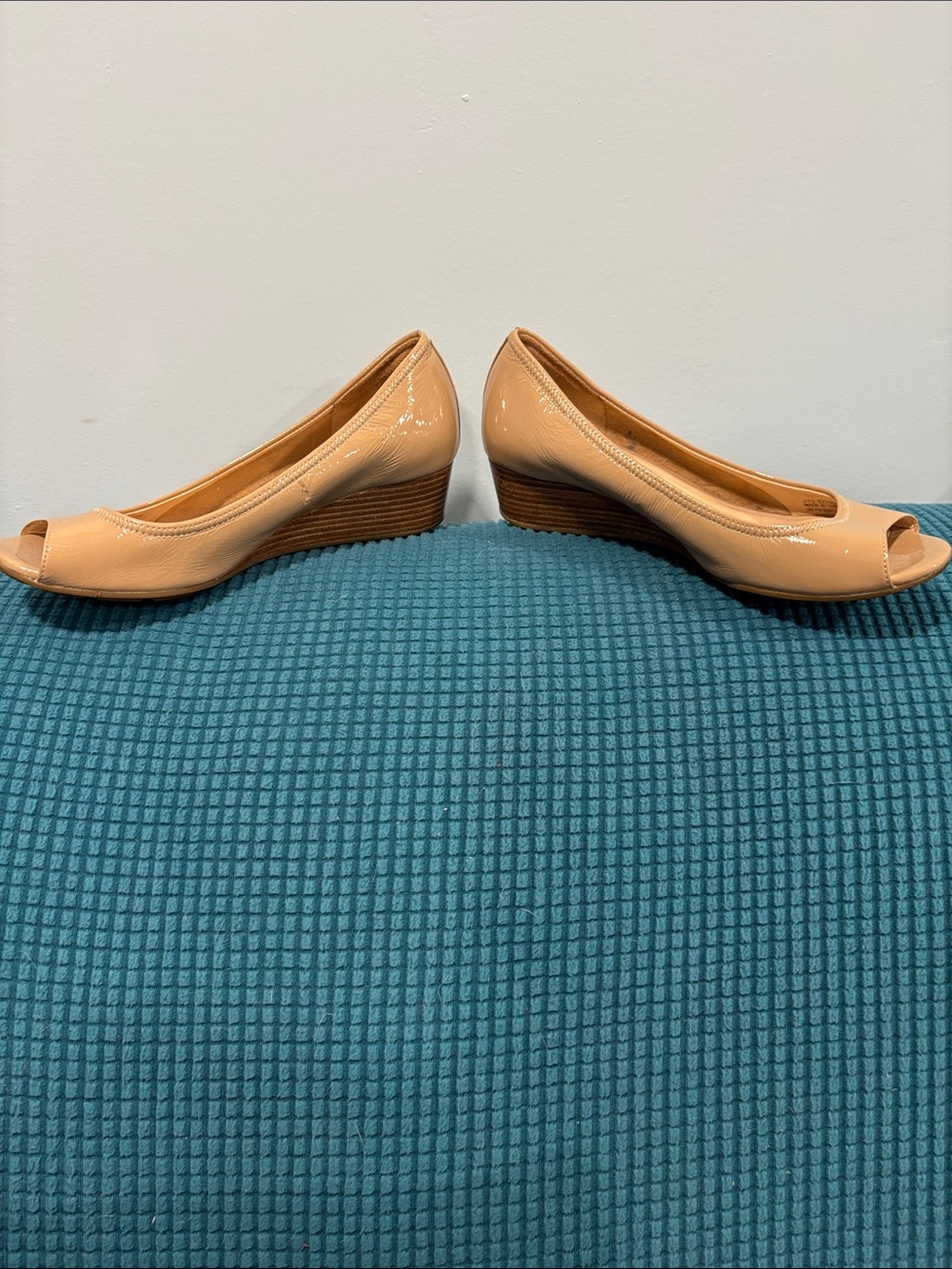 Women’s Cole Haan Tan Patent Peep-Toe Wedge Pumps - Picture 6 of 6
